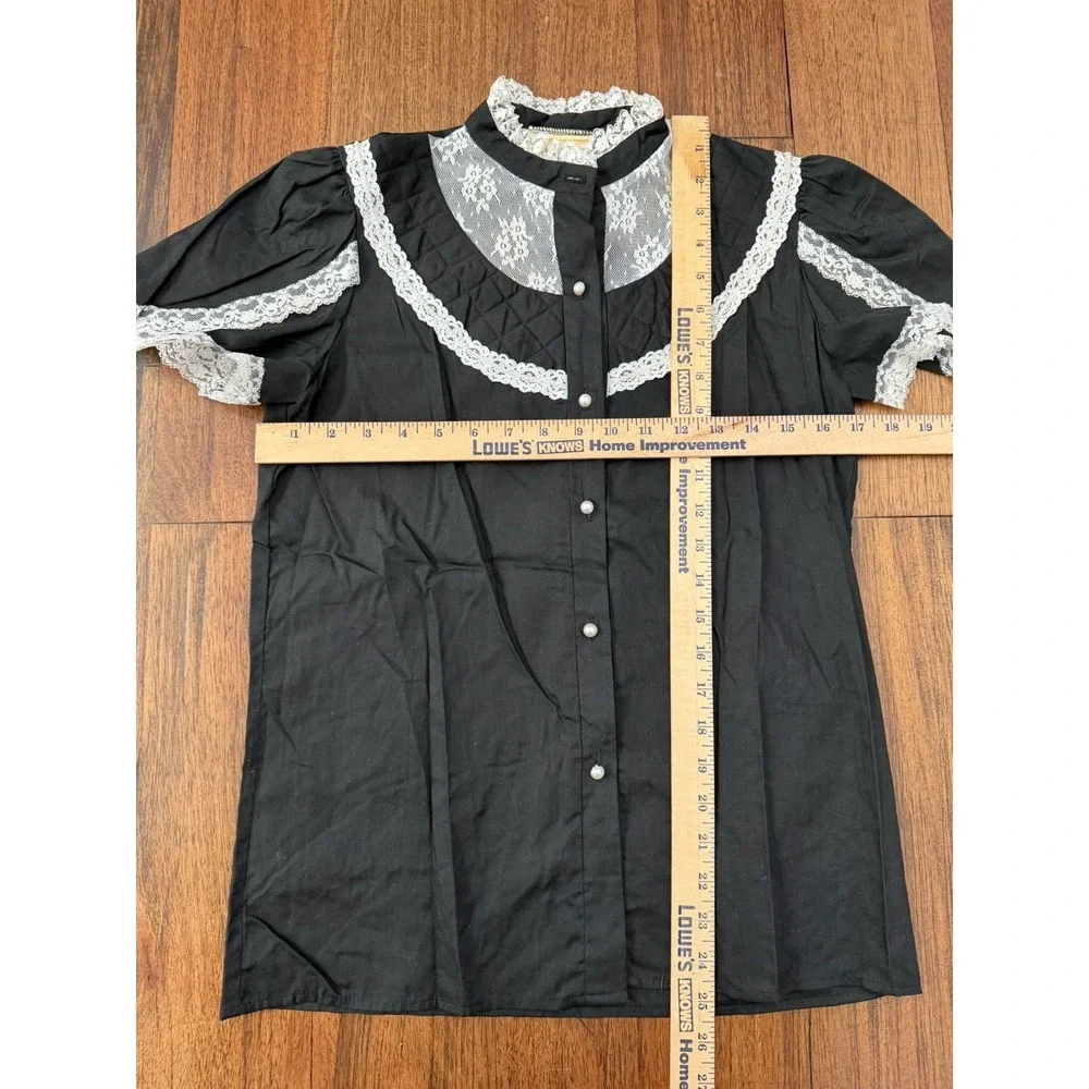 Vintage 70s Jeri Bee Black Prairie Shirt Lace Western Rockabilly Hippie Small - Picture 3 of 6